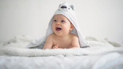 cute funny little baby boy, relaxing in bed after bath, laughing happily
