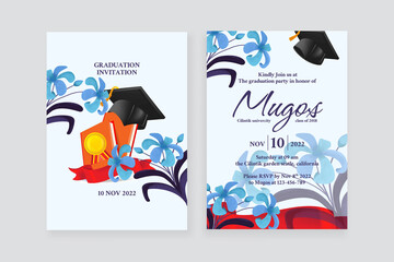 Floral and school tools watercolor ornament graduation invitation with double side 
