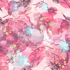 Watercolor seamless background with a pattern of  leaves, abstract, decorative branches of birch, linden, currant. Watercolor drawing, an apple-tree, a poplar with leaves. Abstract splash.flower