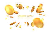 Fototapeta  - Scattering realistic, golden 3D coins. Flying isolated on white background. Vector illustration