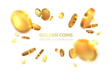 scattering realistic, golden 3d coins. flying isolated on white background. vector illustration
