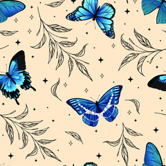 Wall Mural - Magic seamless pattern with butterflies and crescents. Trendy texture for print, textile, packaging.