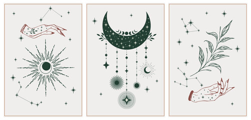 cosmic wall art esoteric set. set of alchemy mystical magic celestial talisman with woman hands, sun