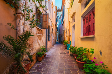 Naklejka na meble Scenic picturesque streets of Chania venetian town with colorful old houses. Chania greek village in the morning. Chanica, Crete island, Greece