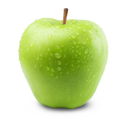 Apple isolated. Ripe fresh green apple in water drops on a white background.