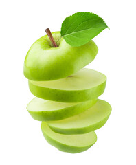 Wall Mural - Apple isolated. Flying sliced ripe fresh green apple isolated on white background.