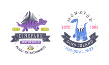 Dino Island And Dino Park Family Entertainment Emblem With Funny Dinosaur And Comic Jurassic Predator Vector Set