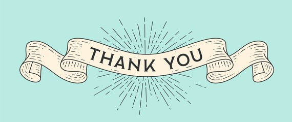Wall Mural - thank you. old school vintage ribbon, retro greeting card with ribbon, text thank you. old ribbon ba