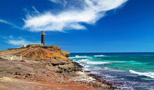 Beautiful Wild Rough Coastal Landscape, Lighthouse On Steep Cliff, Jagged Rocks, Ocean Waves - Faro De Jandia, South Fuerteventura