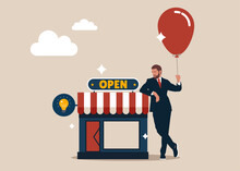 Entrepreneur Standing With His New Opening Company Or Store Front. Owner And Entrepreneur Start Small Business Or Retail Shop, Open Store Front Or Online Shop Concept.