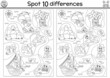 Black and white find differences game for children. Sea adventures line educational activity with cute pirate ship, treasure island map. Printable worksheet or coloring page with treasure chest.