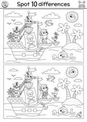 Wall Mural - Black and white find differences game for children. Sea adventures line educational activity with cute pirate ship, pirates, octopus. Treasure island printable worksheet, coloring page for kids.