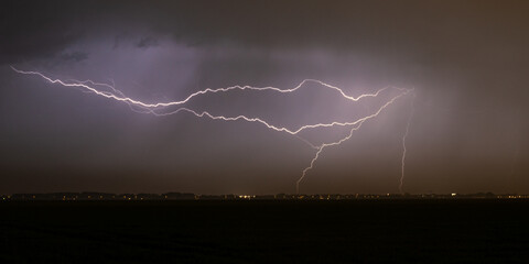 Wall Mural - the atmosphere discharges electrical voltage by lightning flashes during a severe thunderstorm at ni