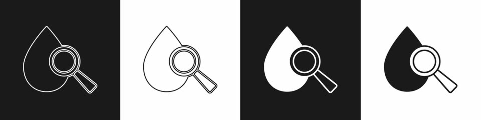 Wall Mural - Set Drop and magnifying glass icon isolated on black and white background. Vector