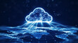 Leinwandbild Motiv data transfer cloud computing technology concept. There is a large prominent cloud icon in the center with internal connections. and small icon on abstract world map polygon with dark blue background.