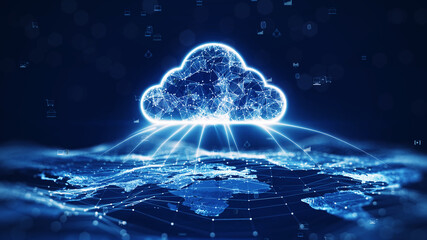 data transfer cloud computing technology concept. there is a large prominent cloud icon in the cente