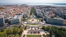 Aerial View Of Marques De Pombal Square And Liberdade Avenue During Summer In Lisbon, Portugal.
