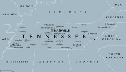 Sticker - Tennessee, TN, gray political map, with capital Nashville, and with large, important cities. State of Tennessee, located in the Southeastern region of the United States. Nicknamed The Volunteer State.