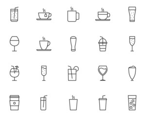 set of drinks line icons, coffee, tea, alcohol