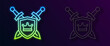 Glowing neon line Medieval shield with crossed swords icon isolated on black background. Vector