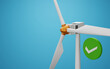 © Vnoam3d - White and gold wind generator with a green and white check symbol. Representation of the optimal renewable energies for the conservation of the planet. Copy space.