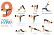 9 Yoga poses or asana posture for workout in hyper mobility concept. Women exercising for body stretching. Fitness infographic. Flat cartoon.