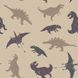 Fototapeta Dinusie - Dino Seamless Pattern, Cute Cartoon Dinosaurs Doodles Vector Illustration