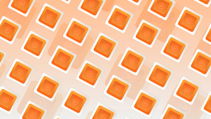 Poster - Abstract diagonal orange rows of squares with appearing triangle silhouette on the each of them. Motion. Playing media content icons, technological background.