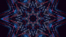 Kaleidoscope Background Of Changing Christmas Star, Seamless Loop. Animation. Beautiful Glowing Snowflake Or New Year Star In Hypnotic Motion On Black Bckground.