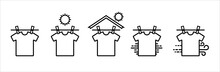Clothesline Icon Set. Laundry Clothes Drying Line Vector Icons Set. Clothes Drying Instruction Outline Illustration. Direct Under The Sun And Under The Shade.