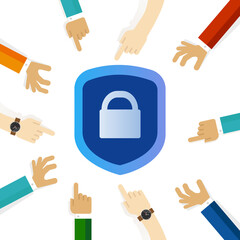 Poster - security shield padlock access data encryption hand pointing team focus on concept discus