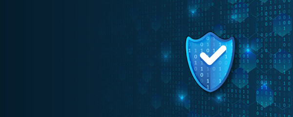 Poster - Cyber security and data protection. Shield icon, future technology for verification. Abstract high tech background. Data security system, information, or network protection.