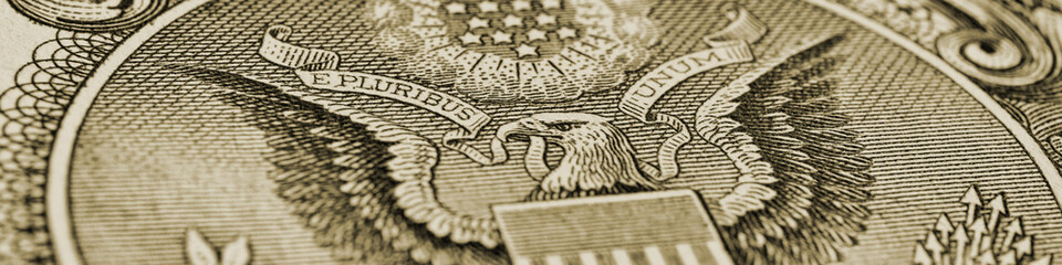 Wall Mural - 1 us dollar. fragment of banknote. reverse of bill with the great seal. the bald eagle is the nation