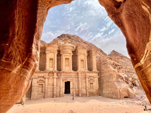 Beautiful Ancient Monastery (Ad Deir) In Petra, Jordan On A Sunny Day. High Quality Photo