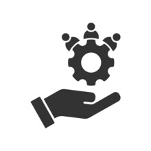 Man And Gear On A Hand. Teamwork Management Icon. Business Team. Flat Vector Illustration.