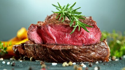 Wall Mural - Close-up of falling rosemary on tasty beef steak, super slow motion, filmed on high speed cinematic camera at 1000 fps.