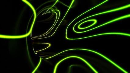 Poster - Neon lines bend in black tunnel. Design. Psychedelic neon lines move in mirrored black tunnel. Dark tunnel with glowing neon lines and reflection