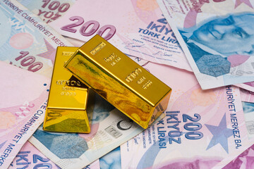 Wall Mural - Gold Bars on Turkish lira Banknotes