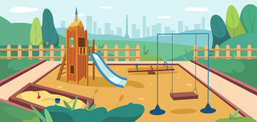 Flat kids playground in park with sandbox, slide and swing. Outdoor play ground with sandpit, wooden seesaw and slider for children games. Summer public kid area on green lawn for playing, recreation.