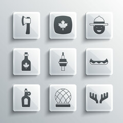 Poster - Set Montreal Biosphere, Deer antlers, Kayak, TV CN Tower in Toronto, Bottle of maple syrup, Wooden axe and Canadian ranger hat icon. Vector