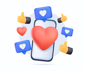 Fototapete - 3D social marketing app. Business marketing online advertising banner design. Smartphone like red heart, thumb up