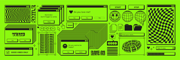 Old computer aestethic. Retro pc elements, user interface, operating system, windows, icons, smile in trendy y2k rave retro style. Sticker pack of retro pc illustrations. Nostalgia for 1990s -2000s.