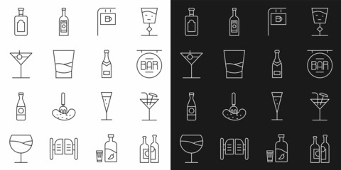 Poster - Set line Bottles of wine, Cocktail, Street signboard with Bar, Glass vodka, Martini glass, Whiskey bottle and Champagne icon. Vector