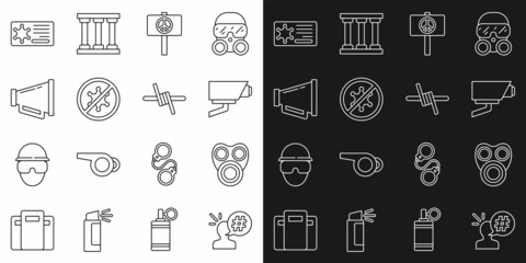 Canvas Print - Set line Protest, Gas mask, Security camera, Peace, Megaphone, Police badge and Barbed wire icon. Vector