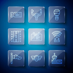 Poster - set line cone meteorology windsock, aviation emblem, airport control tower, hot air balloon, board, 
