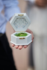 Wedding rings in a box. Wedding. Beautiful wedding rings. 