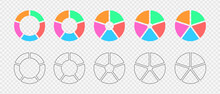 Round Shapes Cut In Six Equal Parts. Donut Charts Set. Infographic Wheels Divided In 6 Multicolored And Graphic Sections. Circle Diagrams In Flat And Graphic Style. Vector Illustration