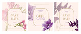 Fototapeta  - Wedding invitation in the botanical style. Freesia, tulip, oxalis on a pink background. Design template for the invitation, shop, beauty salon, spa. Vector illustration