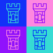 Pop art line Castle tower icon isolated on color background. Fortress sign. Vector