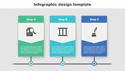 Sticker - Set Paper analysis magnifying, Prison window and Feather and inkwell. Business infographic template. Vector